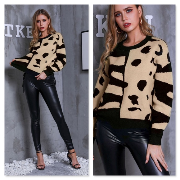 Animal Print Oversized Pullover Beige & Black - Picture 4 of 8